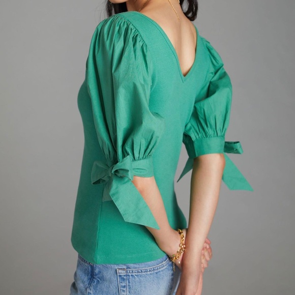 Anthropologie Maeve Puff-Sleeved Top in Kelly Green - Picture 3 of 8